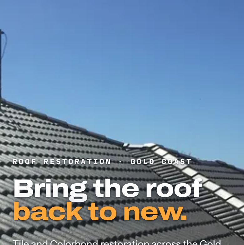 The roof restoration build: a split hero, deep navy on the left carrying the headline in burnt orange, a full height photo of a resprayed tile roof on the right.