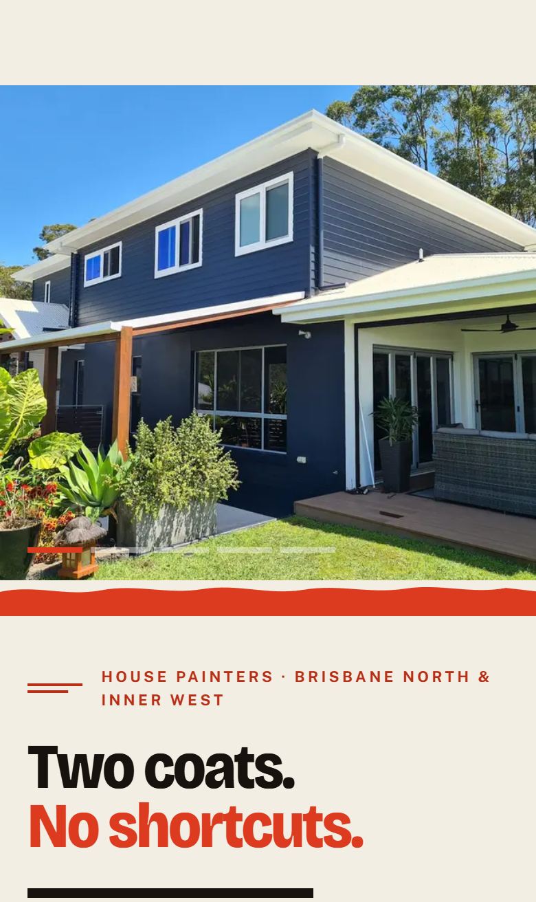 The house painting build: cream page, heavy condensed headline with the second line in signal red, and a freshly painted weatherboard exterior behind a torn edge.