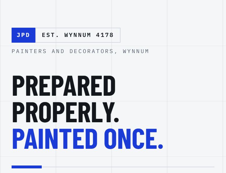 The painting and decorating build: a cool grey page on a faint blueprint grid, the headline in black and electric blue, and a rendered home with timber framed glass on the right.