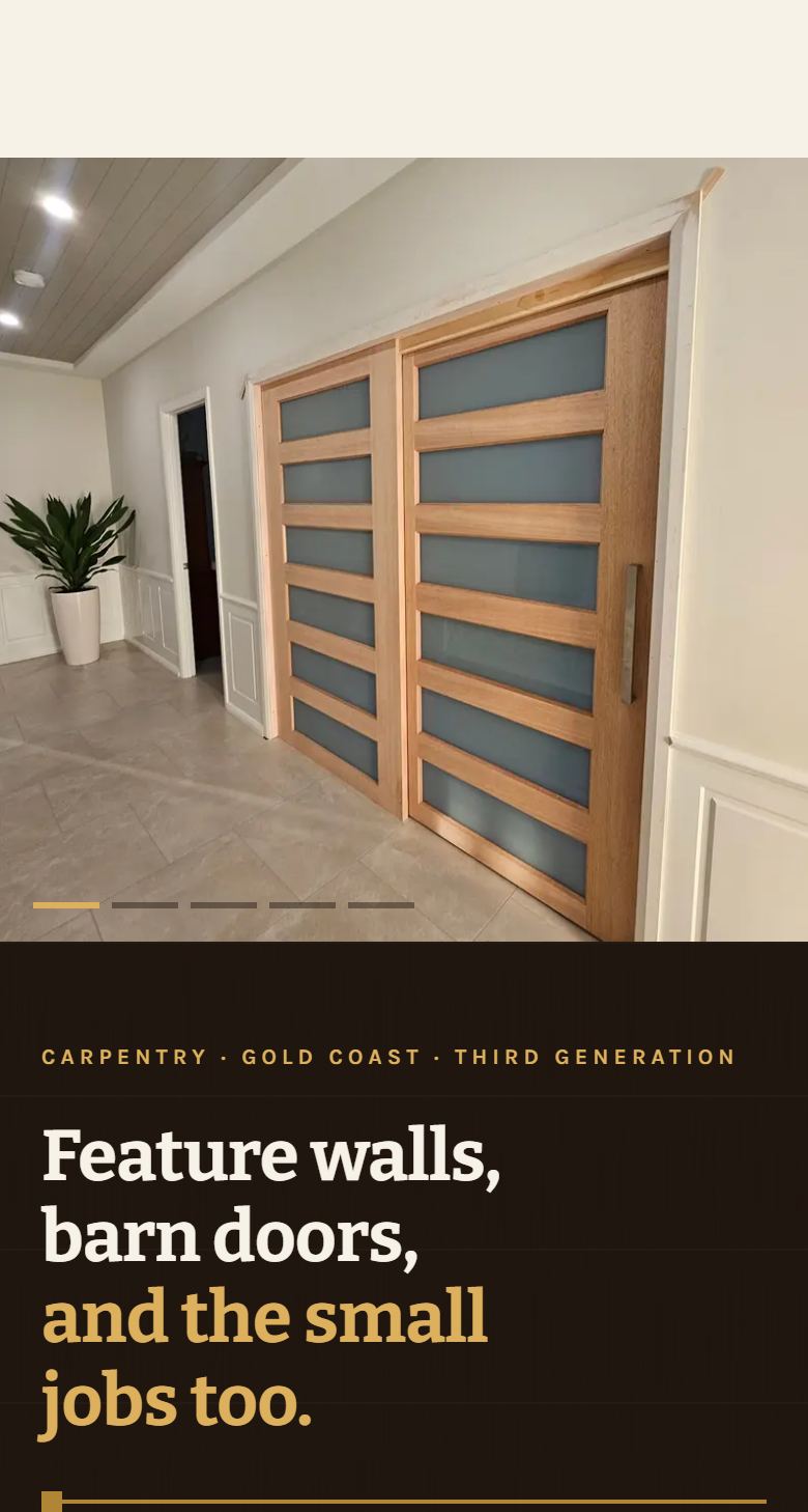 The carpentry build: dark timber brown field, headline stepping into brass on the last two lines, and a photo of finished internal barn doors.