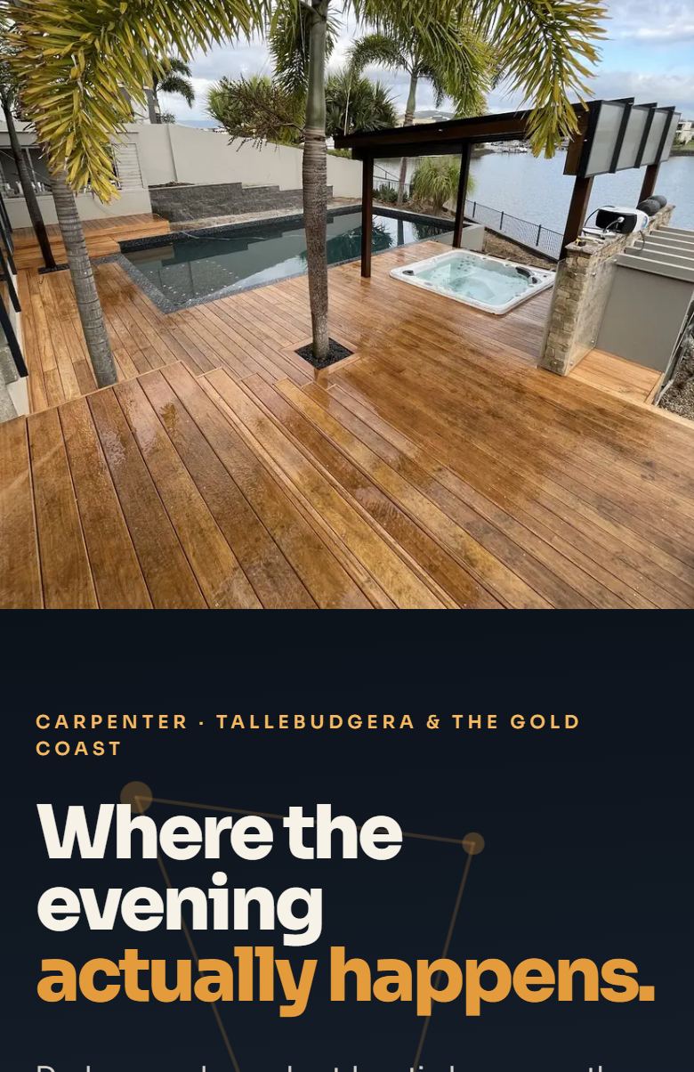 The decks and pergolas build: midnight blue with a faint constellation drawn behind the type, amber headline, and a waterfront deck with a pergola over a spa.